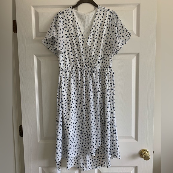 Floral Flutter Blue White Ditzy Flower Print High Low Tie Midi Dress Size 6 - Picture 2 of 5